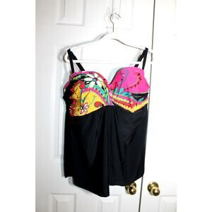 Cacique Tankini Top Black w/ Tropical Floral Bodice sz 44DD NEW